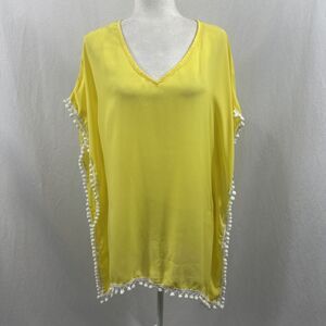 Adreamly Yellow Kaftan Kimono Pom Pom Beach Cover Up Womens Sz S Resortwear